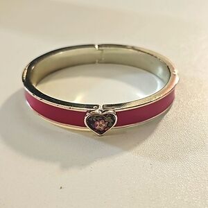 Vintage Vera Bradley Silver Tone Heart Theme Pink Enamel Hinged Bangle Bracelet.